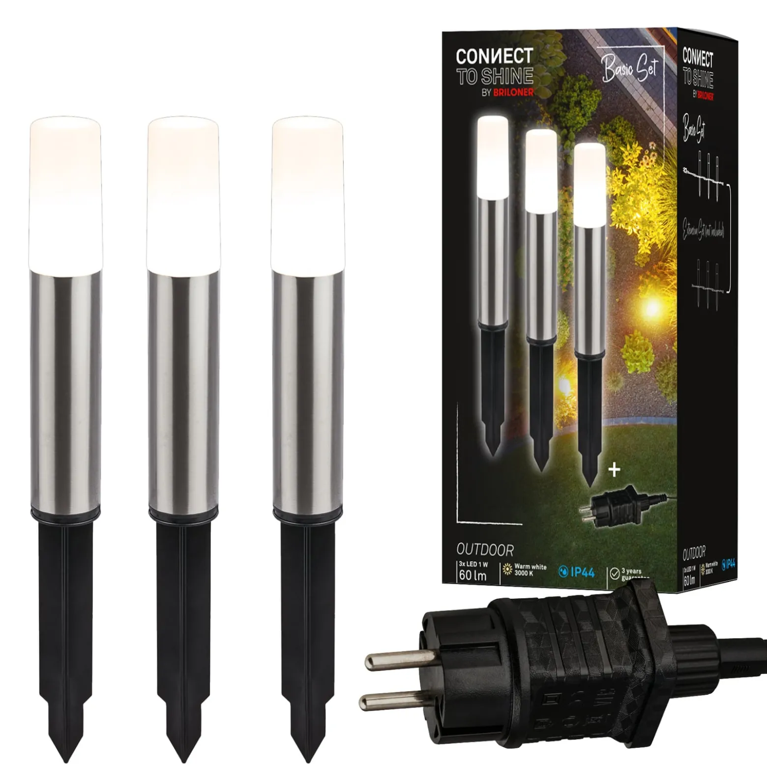 LED-Erdspießlampe 3925032 12V 3x-Starterset Edelstahl Ø 4 cm
