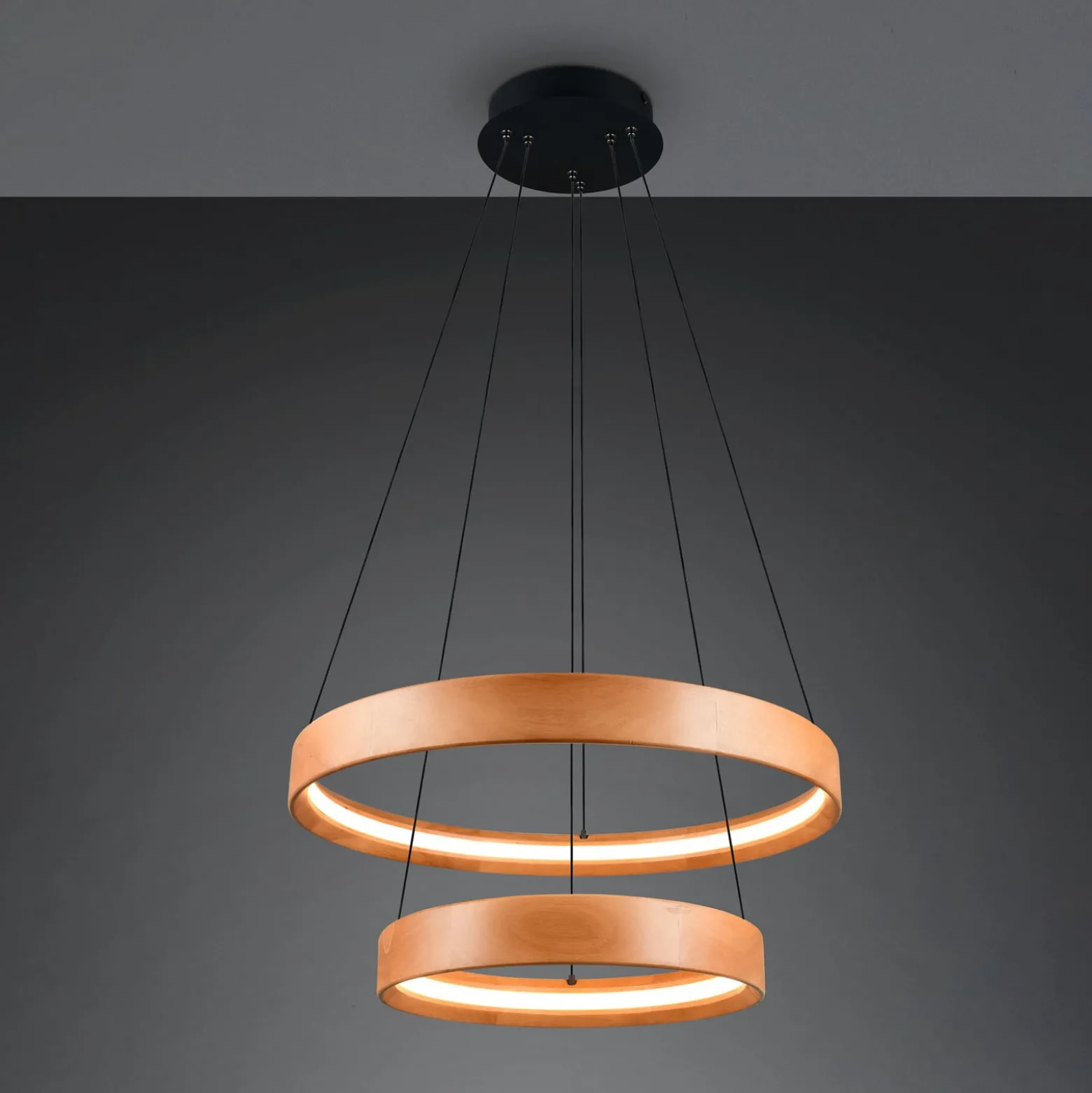 LED-Hängelampe Lynwood, Ø 60 cm, holzfarben, Holz, 2-flg.