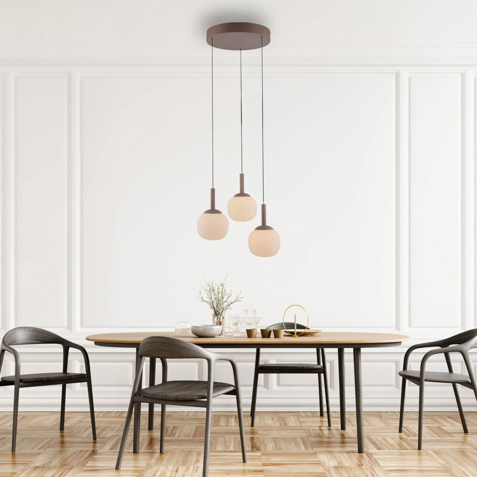 LED-Hängelampe Nami, 3fl. rund, sand, weiß, Glas, Eisen