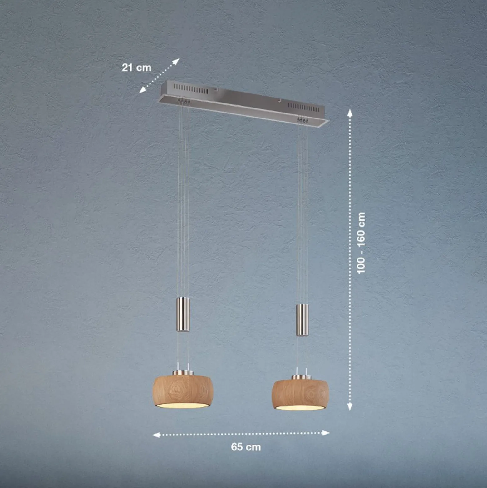 LED-Hängelampe Shine-Wood, Eichenholz/nickel, 65 cm, 2-flg.