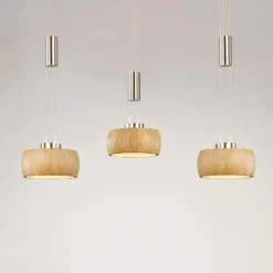 LED-Hängelampe Shine-Wood, Eiche/nickel, Länge 100 cm 3-flg.