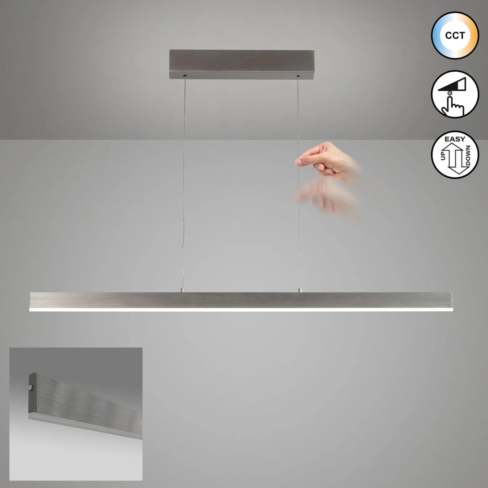 LED-Hängelampe Silvano, nickel, Länge 115 cm, CCT, Touchdim