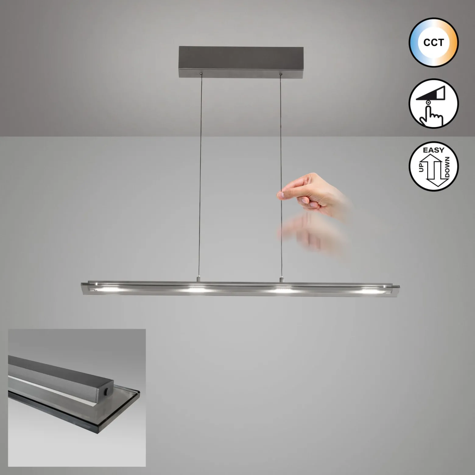 LED-Hängelampe Torvi, sandgrau/rauchgrau, 88 cm Metall/Glas