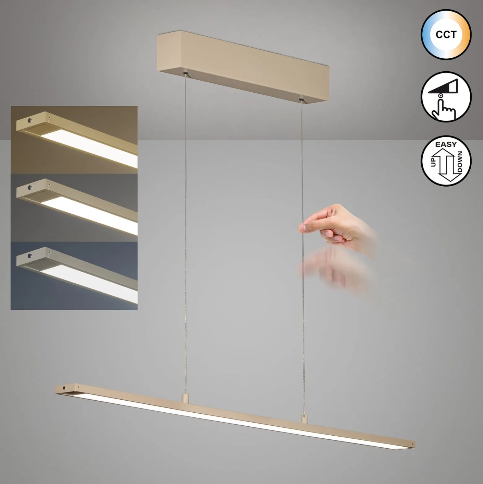 LED-Hängeleuchte Marlo, sand, Länge 90 cm, CCT, Touchdimmer