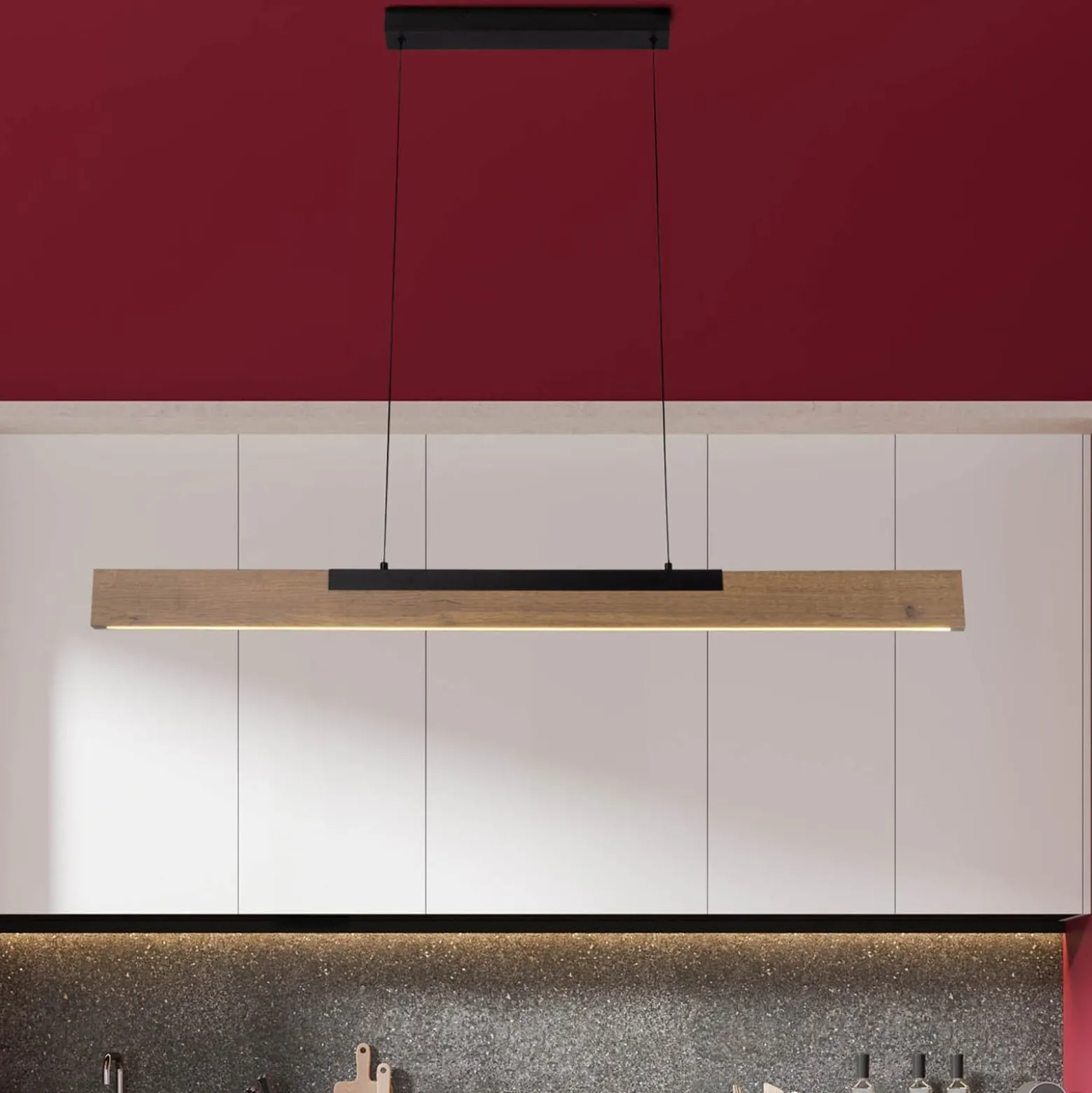LED-Hängeleuchte Wilma, Holz, Länge 122 cm, dimmbar