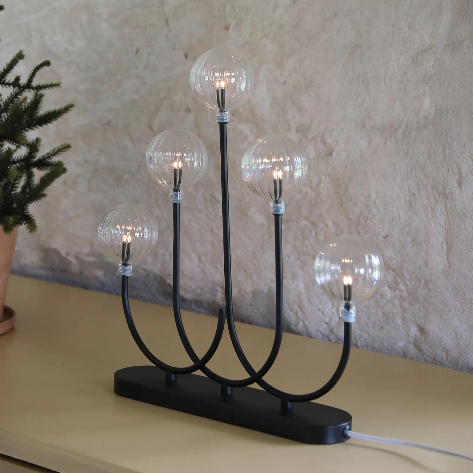 LED-Kerzenhalter Enys, schwarz/klar, Eisen/Glas, 5-flammig