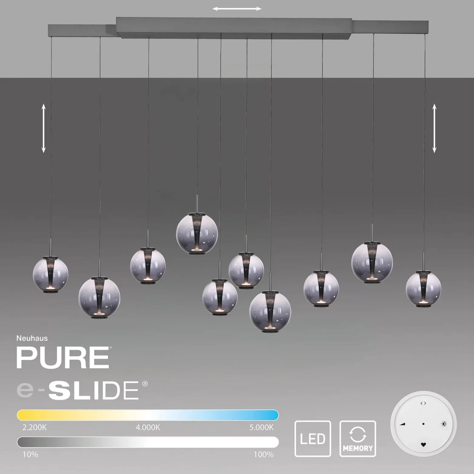 LED-Pendellampe PURE E-Infinity grau/rauchgrau 198 cm,10-flg