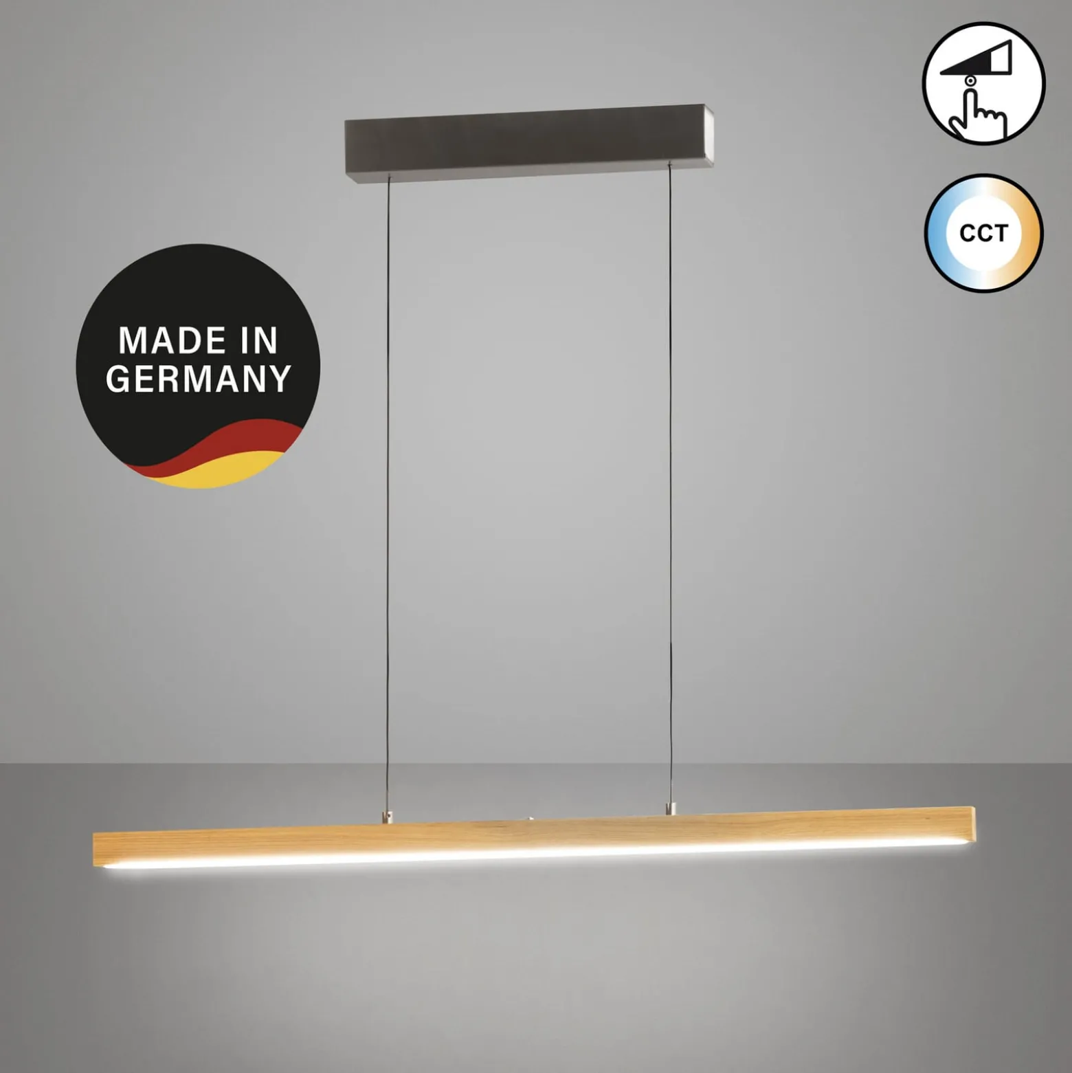 LED-Pendellampe Shine-Wood, Länge 105 cm, Eiche/nickelfarben
