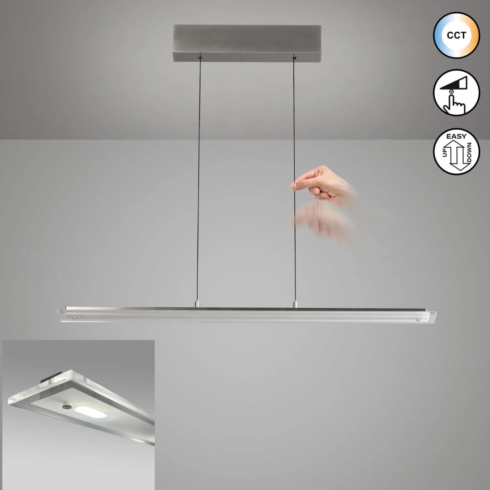 LED-Pendellampe Torvi, Länge 135 cm, nickelfarben/weiß, CCT