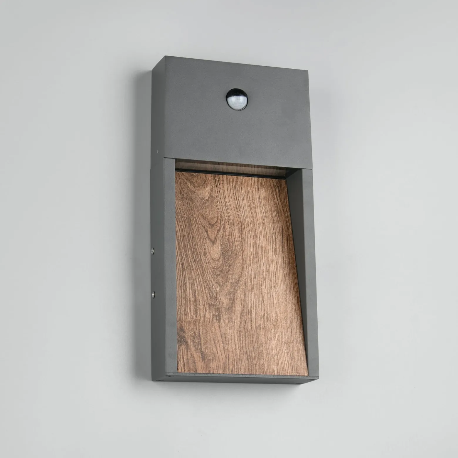 LED-Sensor-Außenwandlampe SALMON, Holzoptik, Höhe 33 cm IP44