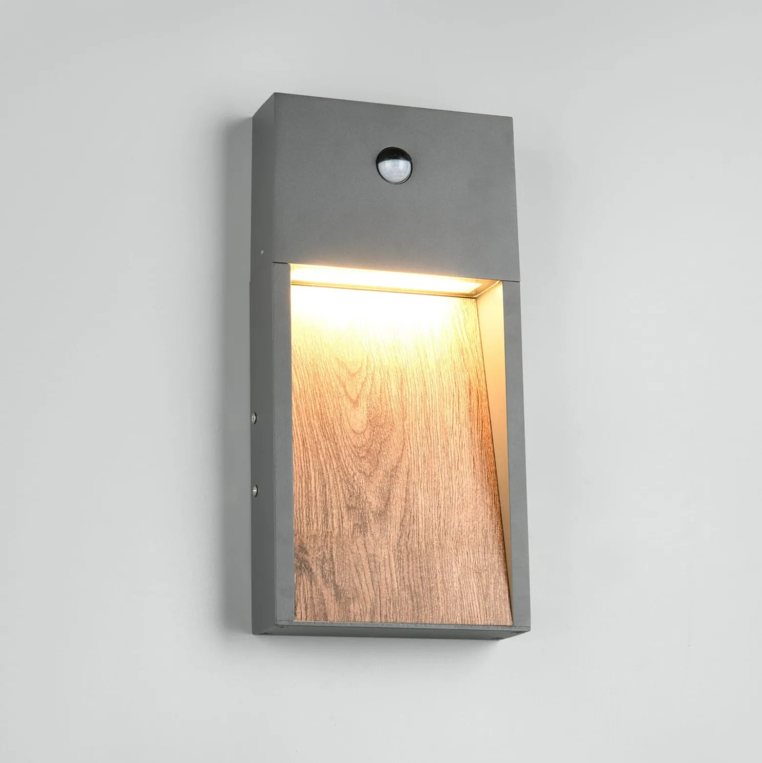 LED-Sensor-Außenwandlampe SALMON, Holzoptik, Höhe 33 cm IP44