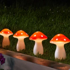 LED-Solar-Erdspieß Fairy Mushroom, 4er-Set, rot/weiß, IP44