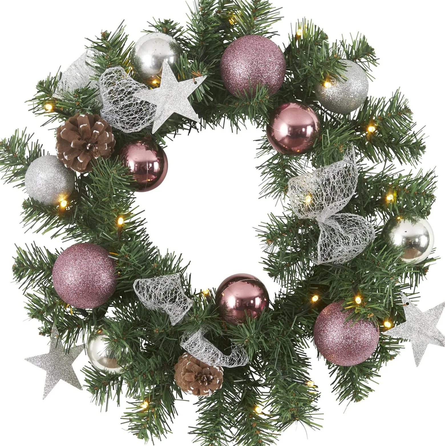 LED-Tannenkranz Noel mit silber-/pinkfarbener Deko