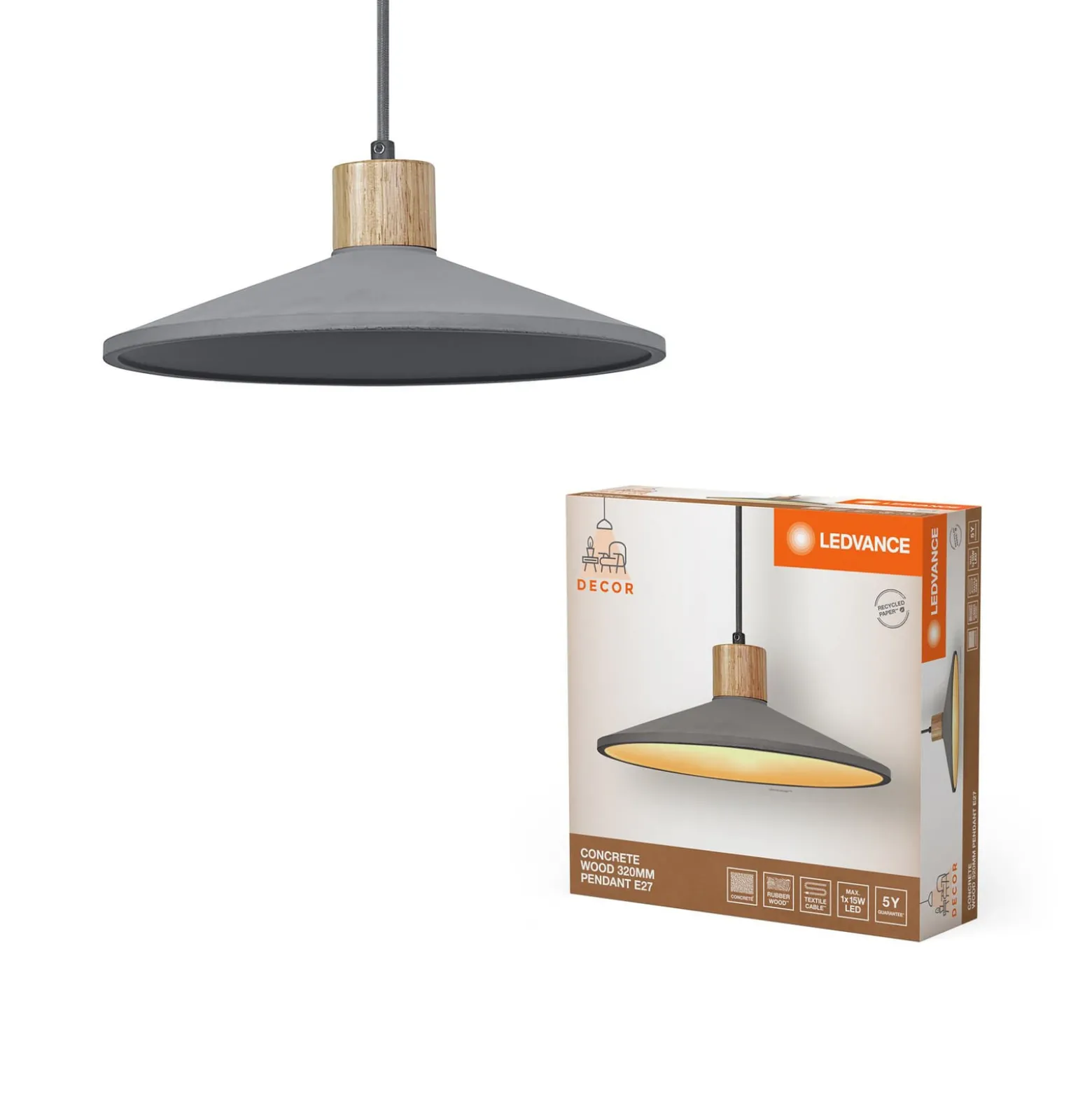 LEDVANCE Hängeleuchte Concrete Wood, Ø 32 cm, Beton, grau