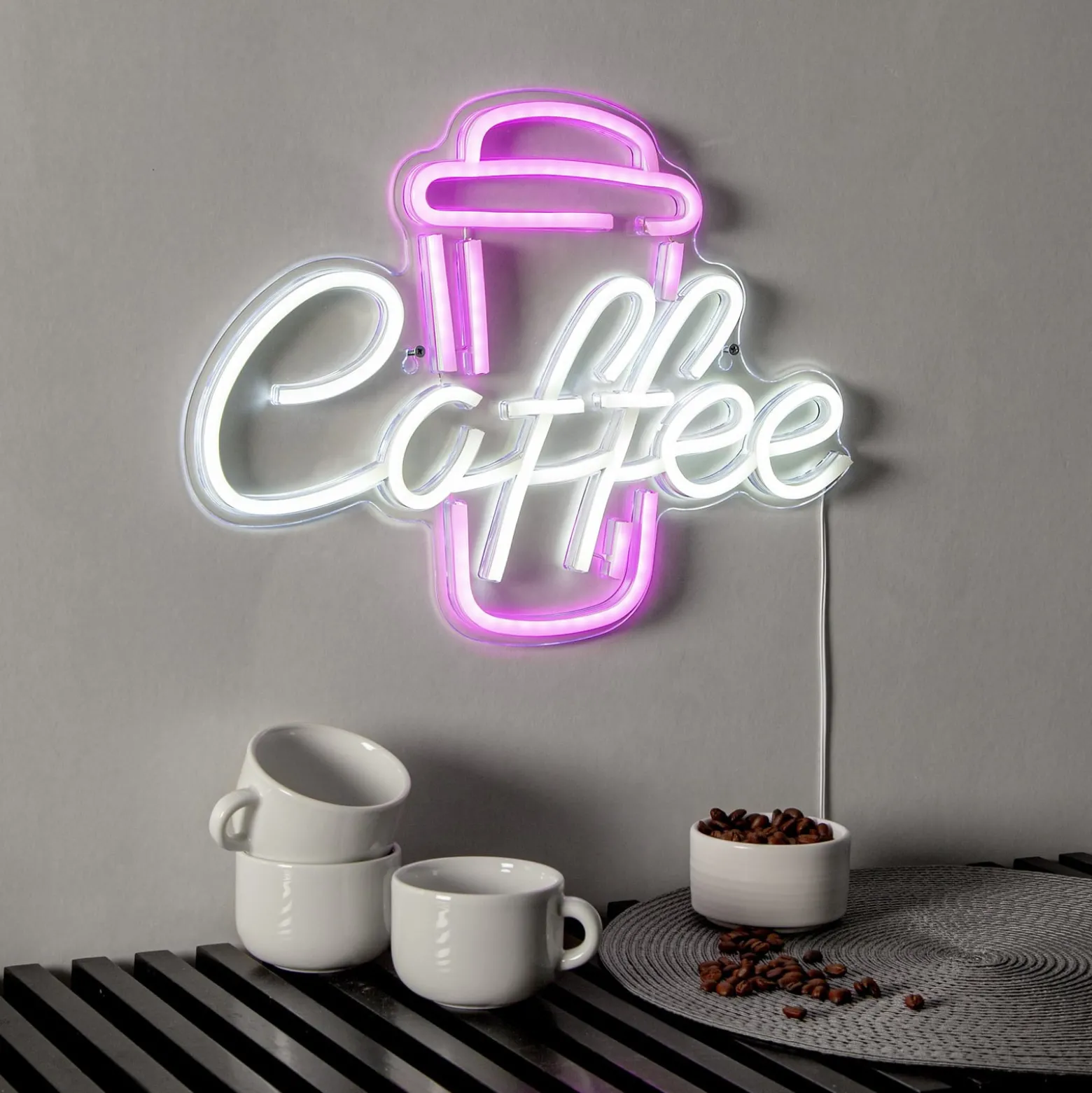 LED-Wandleuchte Coffee, pink/weiß, Plexiglas, 40 x 30 cm USB