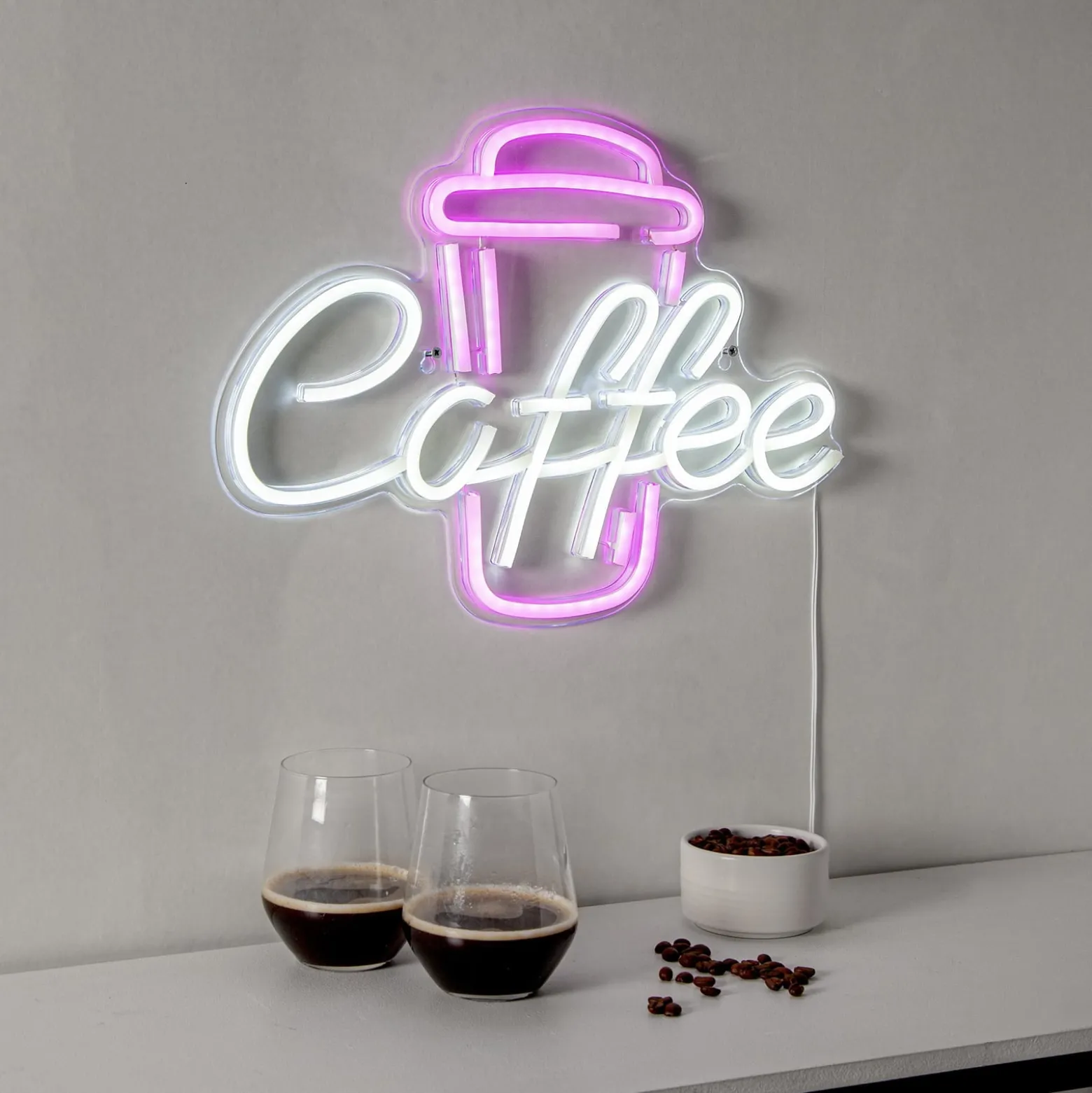 LED-Wandleuchte Coffee, pink/weiß, Plexiglas, 40 x 30 cm USB