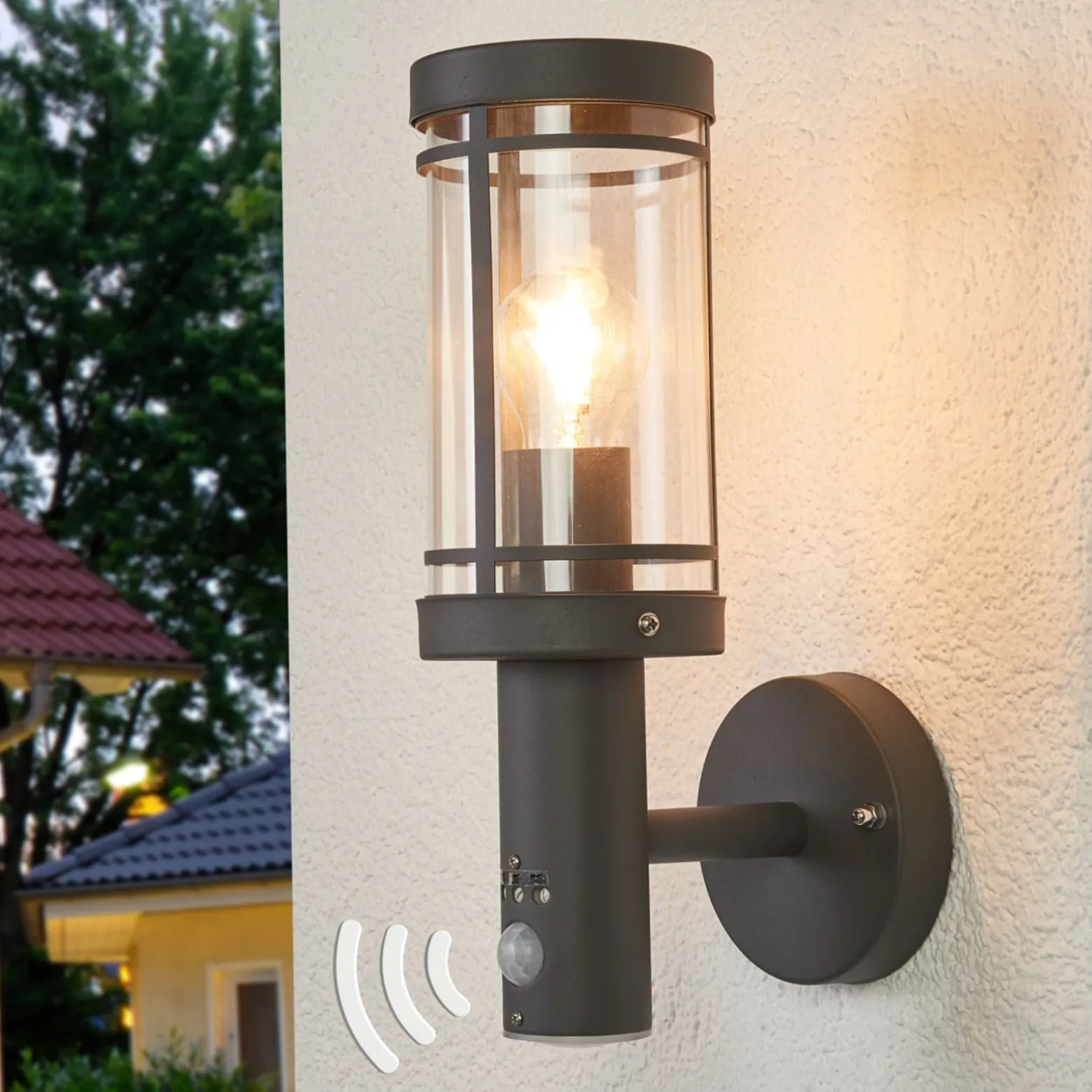 Lindby Außenwandlampe Djori, Sensor, anthrazit, Edelstahl