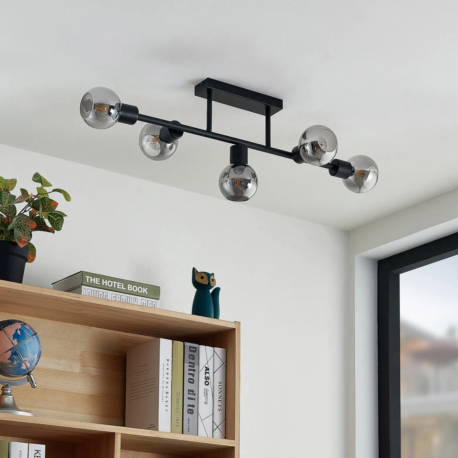 Lindby Deckenlampe Biscala, 5-flg., schwarz/rauch, E14