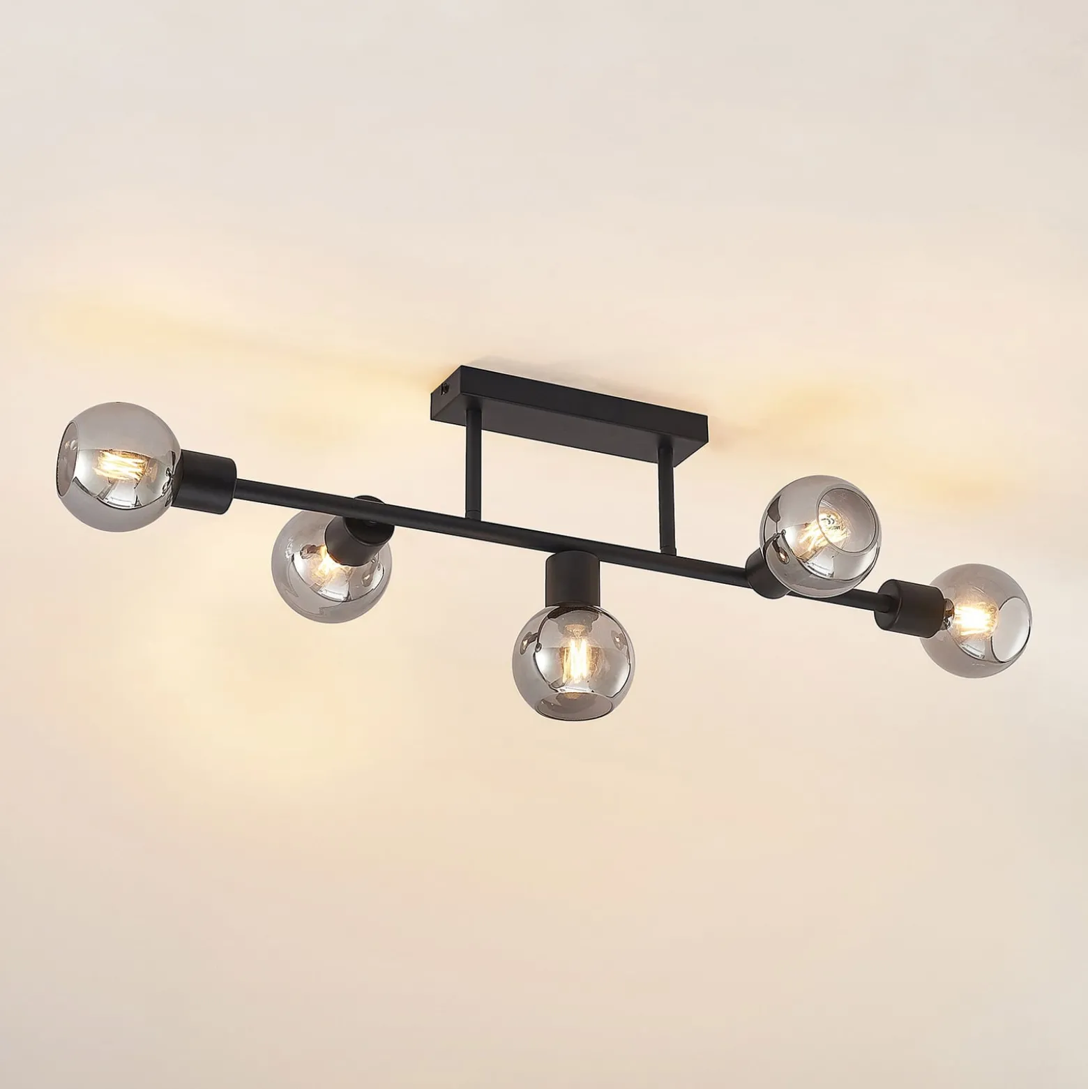 Lindby Deckenlampe Biscala, 5-flg., schwarz/rauch, E14