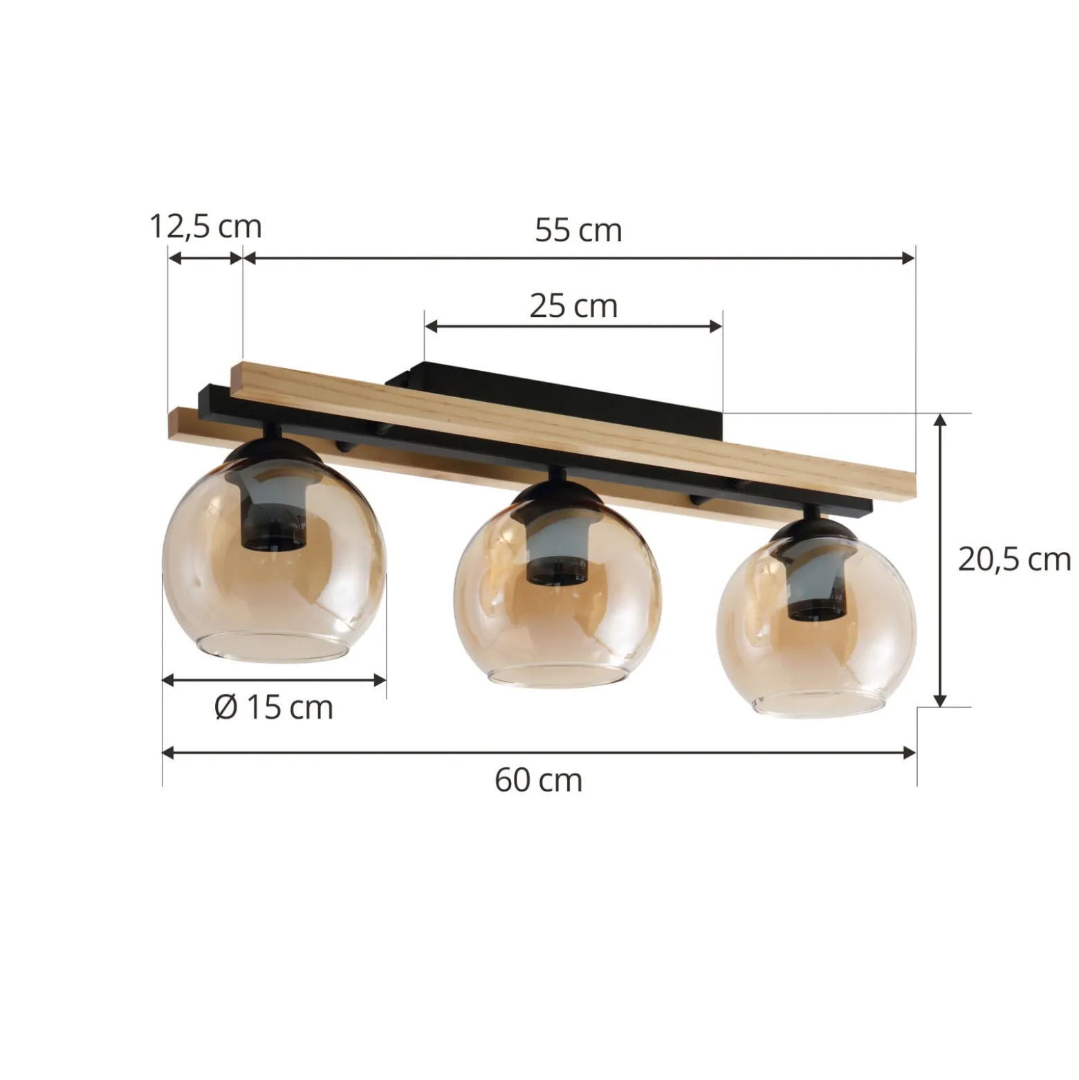 Lindby Deckenlampe Enrique, amber, 3-flg., Glas, Holz, E27