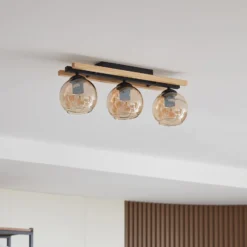 Lindby Deckenlampe Enrique, amber, 3-flg., Glas, Holz, E27