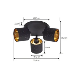 Lindby Deckenleuchte Vasilia, 3-flammig, schwarz/gold, Stoff