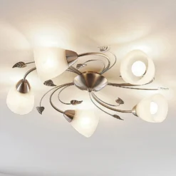 Lindby Deckenleuchte Yannie, 5-flg., 60cm, nickel/weiß, Glas