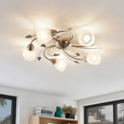 Lindby Deckenleuchte Yannie, 5-flg., 60cm, nickel/weiß, Glas