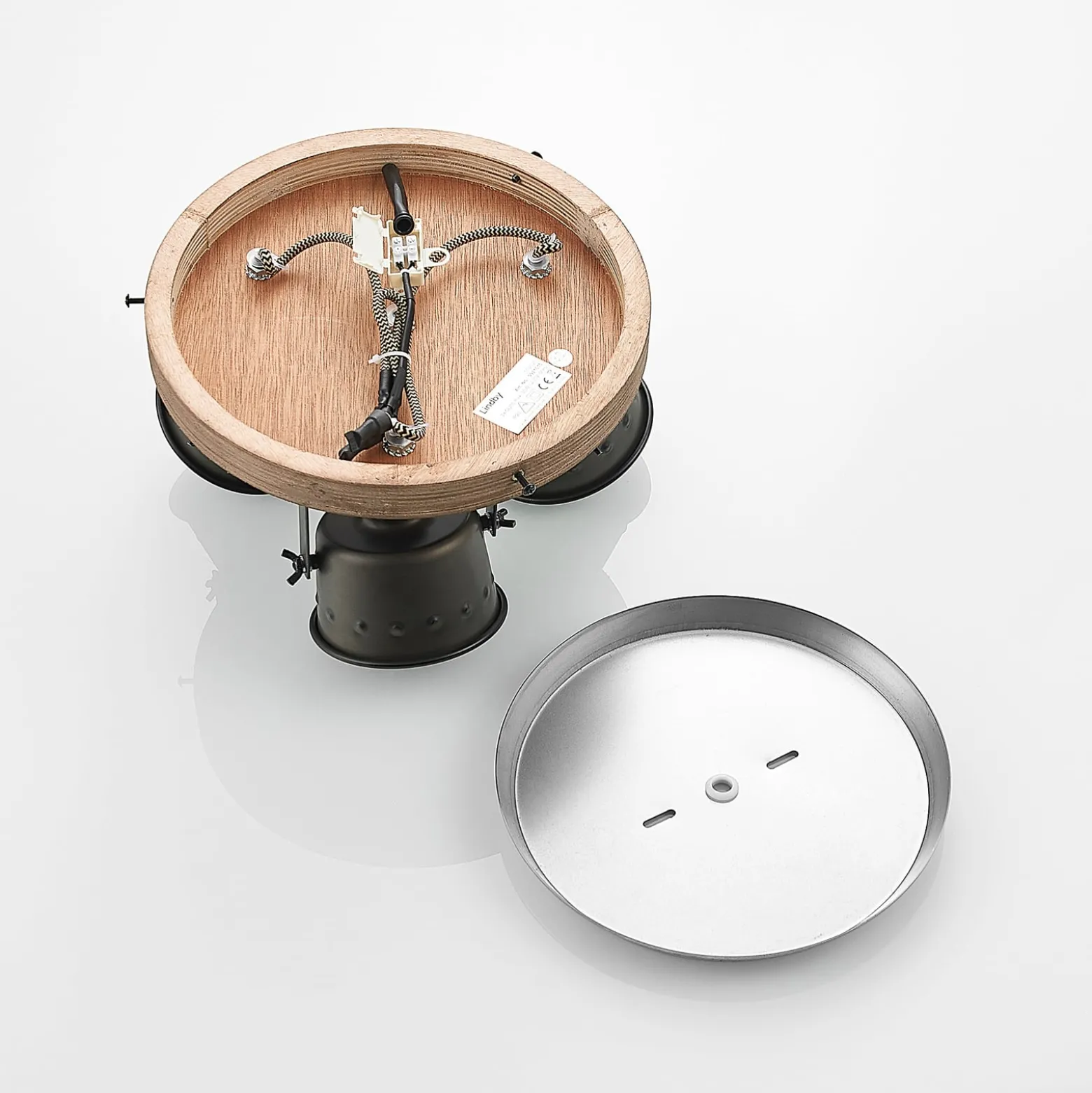 Lindby Deckenstrahler Rubinjo, Ø 31 cm, 3-flg., Holz, GU10