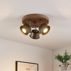 Lindby Deckenstrahler Rubinjo, Ø 31 cm, 3-flg., Holz, GU10