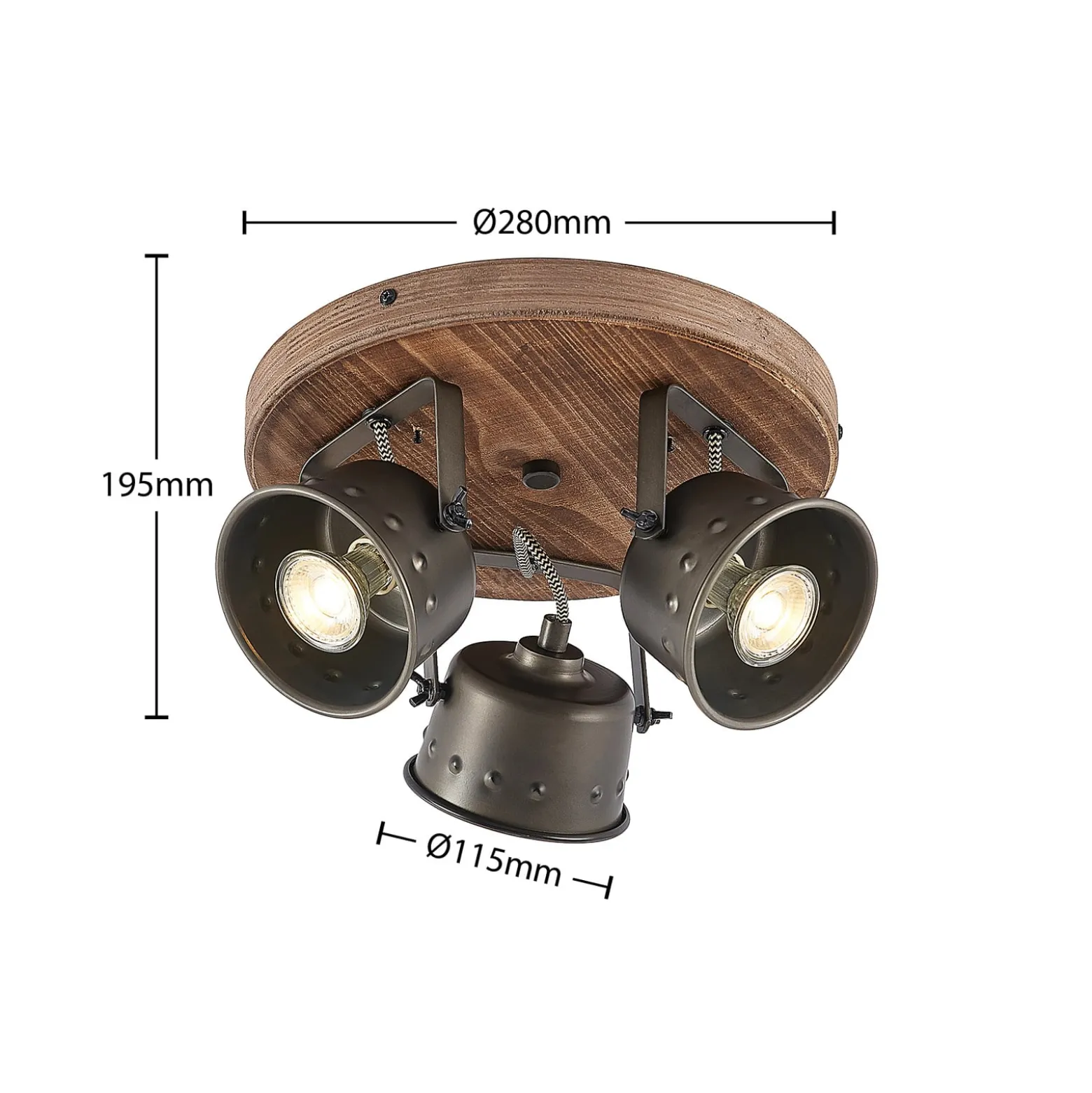 Lindby Deckenstrahler Rubinjo, Ø 31 cm, 3-flg., Holz, GU10