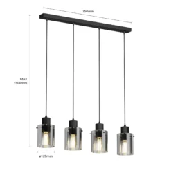 Lindby Hängelampe Kourtney, 4-flg., schwarz/grau, Glas, E27