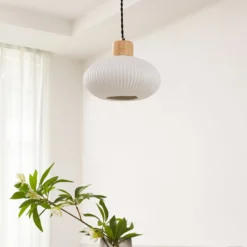 Lindby Hängeleuchte Paulie, Ø 23 cm, Keramik, Holz, weiß