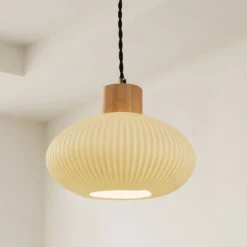 Lindby Hängeleuchte Paulie, Ø 23 cm, Keramik, Holz, weiß