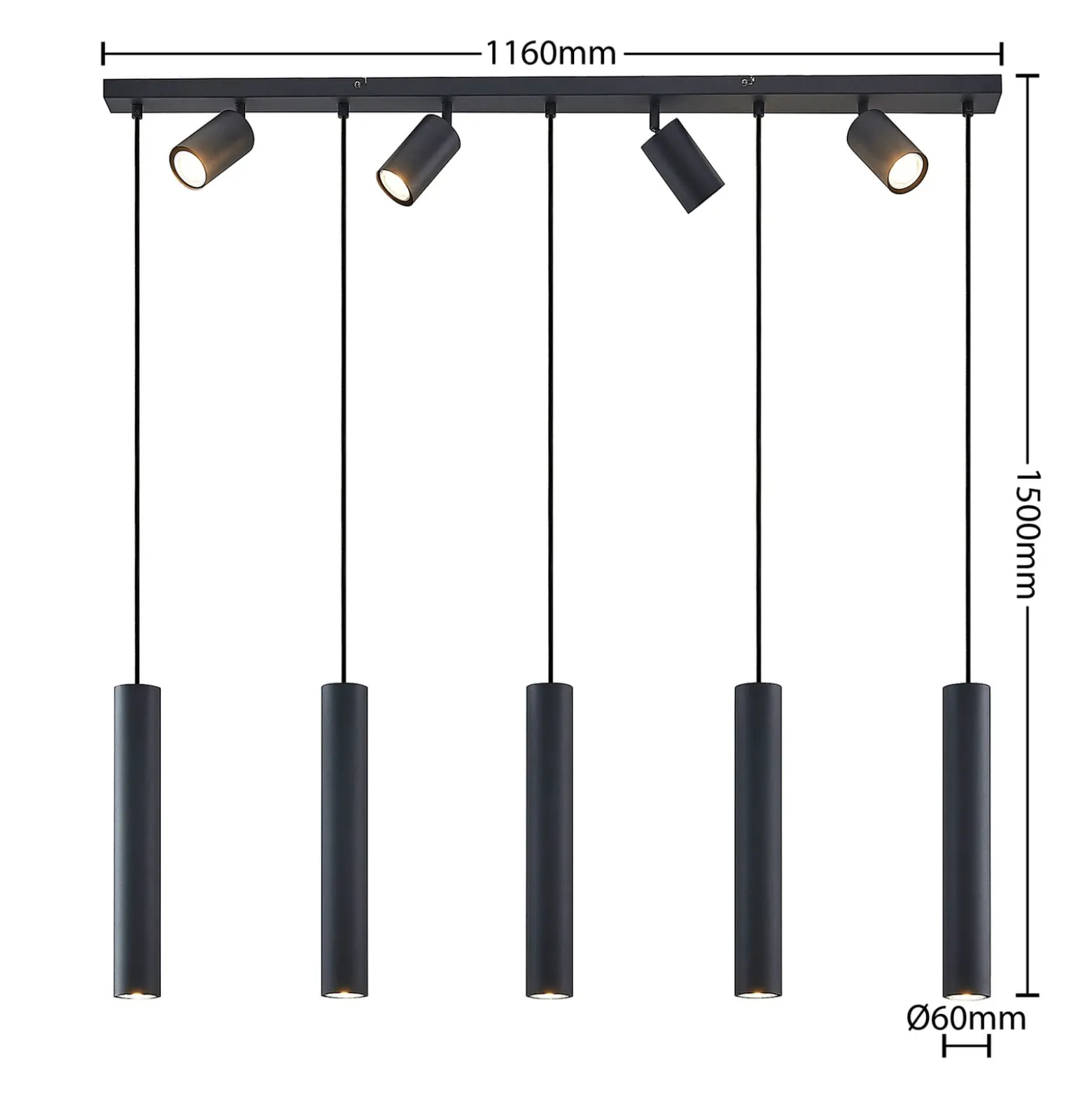 Lindby Hängeleuchte Sanad, 116 cm, 9-flg., schwarz, GU10