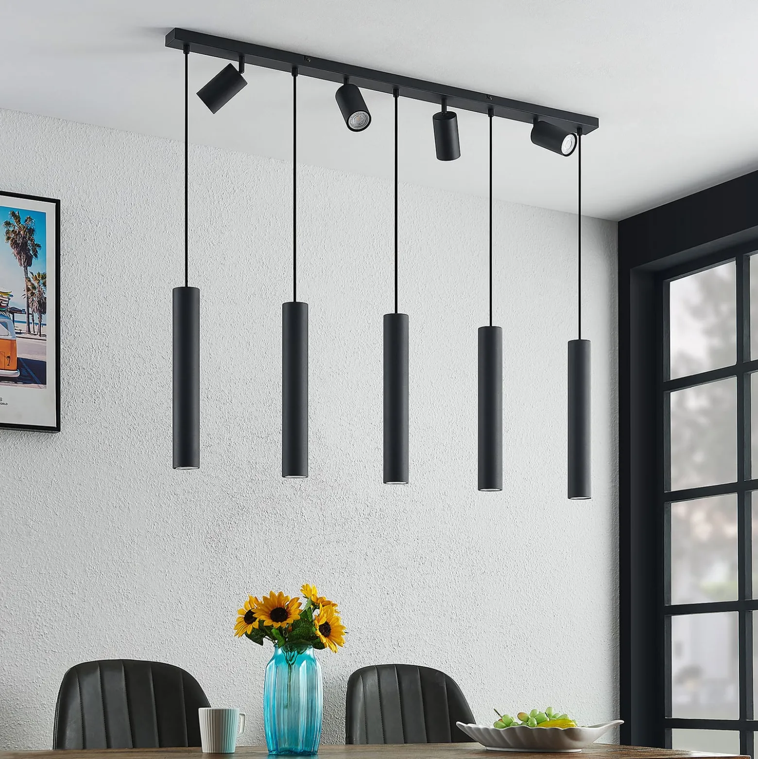 Lindby Hängeleuchte Sanad, 116 cm, 9-flg., schwarz, GU10