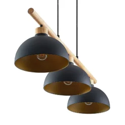 Lindby Hängeleuchte Tirzana, 3-flg., schwarz, Metall, Holz