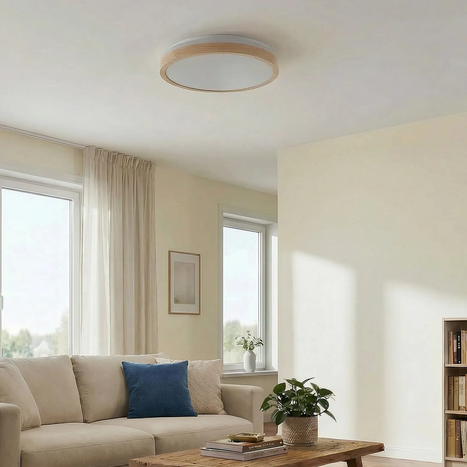 Lindby LED-Deckenlampe Emiva, Ø 49 cm, Holz hell, CCT