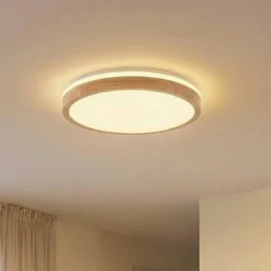 Lindby LED-Deckenlampe Emiva, Ø 49 cm, Holz hell, CCT