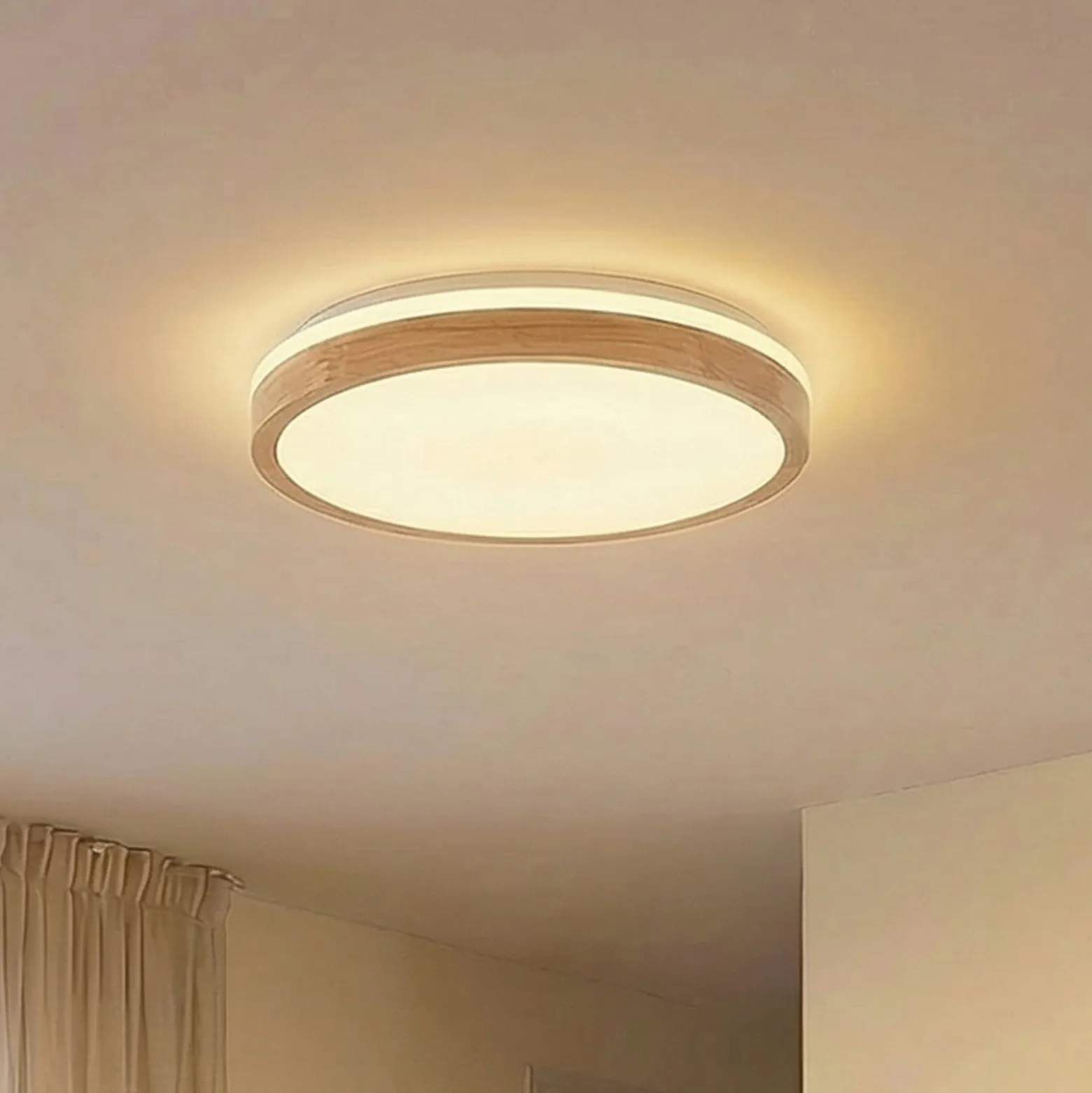 Lindby LED-Deckenlampe Emiva, Ø 49 cm, Holz hell, CCT