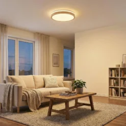 Lindby LED-Deckenlampe Emiva, Ø 49 cm, Holz hell, CCT