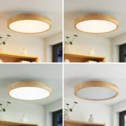 Lindby LED-Deckenlampe Lanira, Ø 50 cm, Holz, Remote, CCT