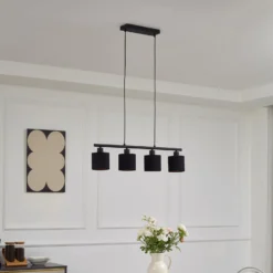 Lindby Pendelleuchte Vasilia, 75 cm, schwarz/gold, Stoff