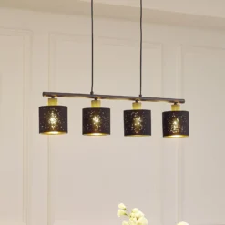 Lindby Pendelleuchte Vasilia, 75 cm, schwarz/gold, Stoff