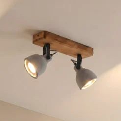 Lindby Spot Mitis, 30 cm, 2-flg., grau, Holz, Beton, GU10