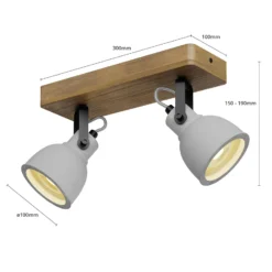 Lindby Spot Mitis, 30 cm, 2-flg., grau, Holz, Beton, GU10