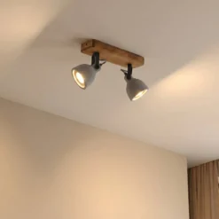Lindby Spot Mitis, 30 cm, 2-flg., grau, Holz, Beton, GU10