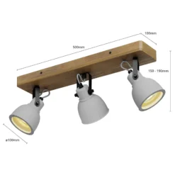 Lindby Spot Mitis, 50 cm, 3-flg., grau, Holz, Beton, GU10