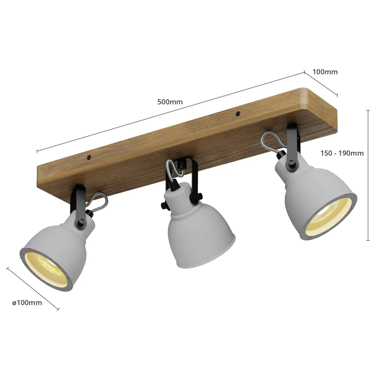 Lindby Spot Mitis, 50 cm, 3-flg., grau, Holz, Beton, GU10