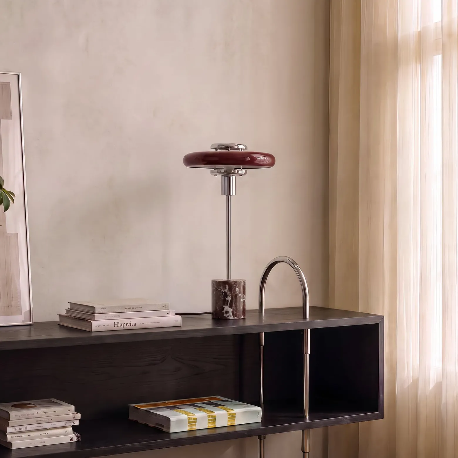Lindby Tischleuchte Branford, Retro, burgund, Glas/Marmor